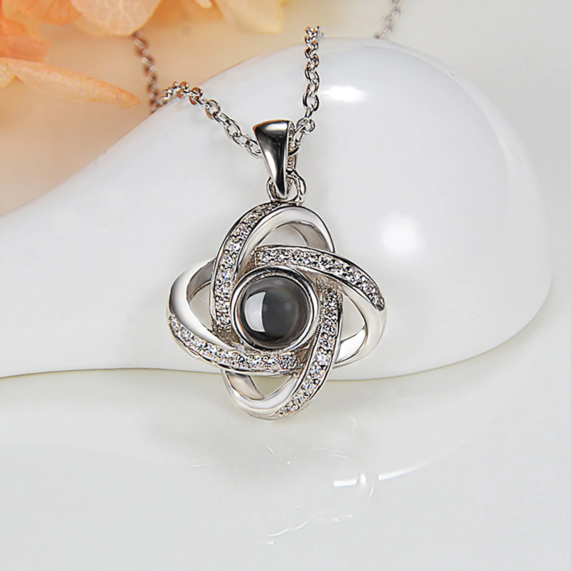 Personalized 4 Leaves Crystal Rose Projection Necklace Custom Photo Name Pendant