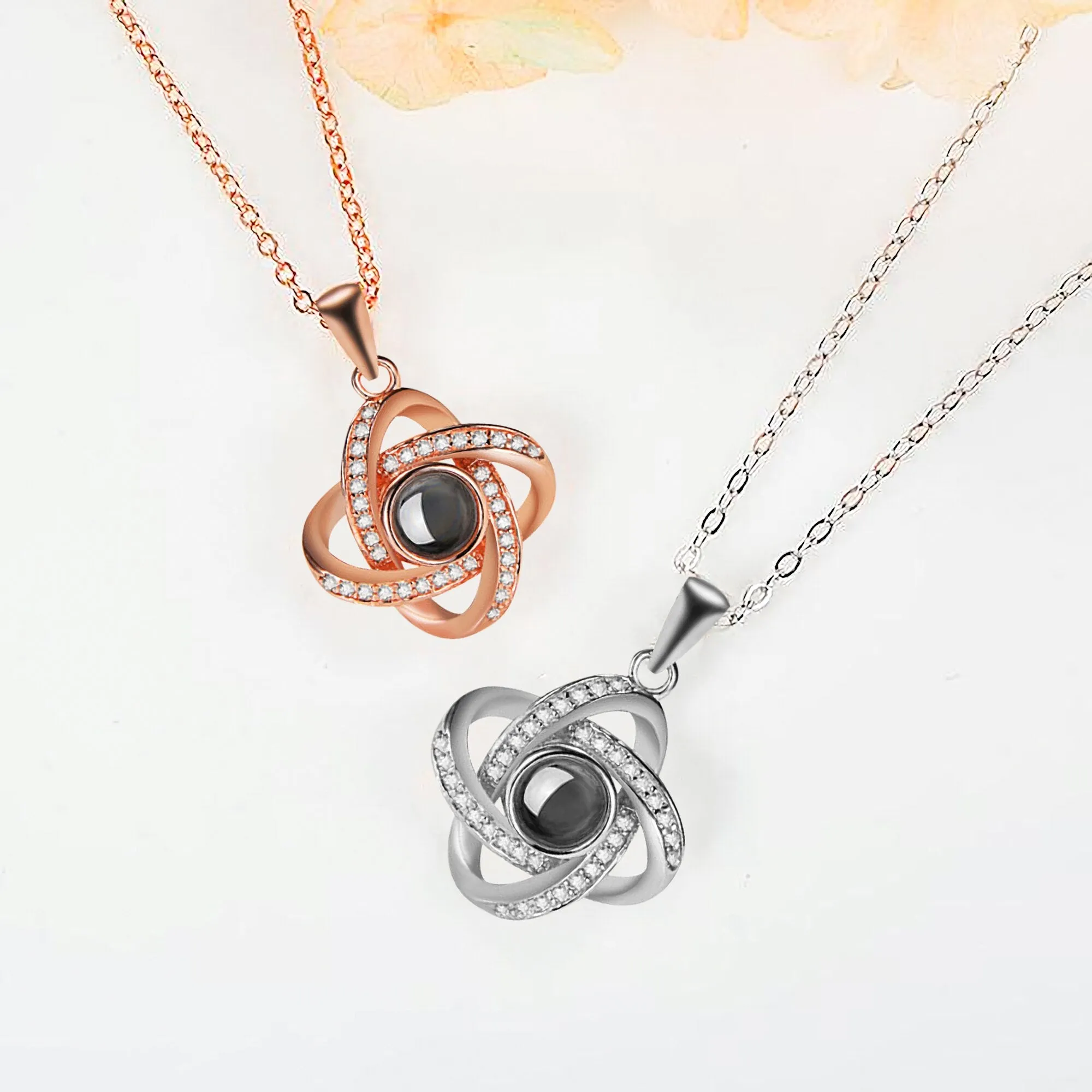 Personalized 4 Leaves Crystal Rose Projection Necklace Custom Photo Name Pendant