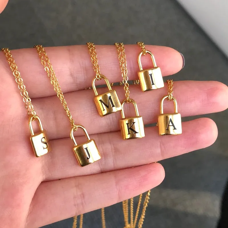 Personalized A-Z Initial Letter with Padlock Pendant Necklaces
