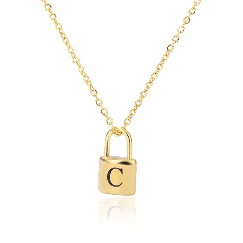Personalized A-Z Initial Letter with Padlock Pendant Necklaces