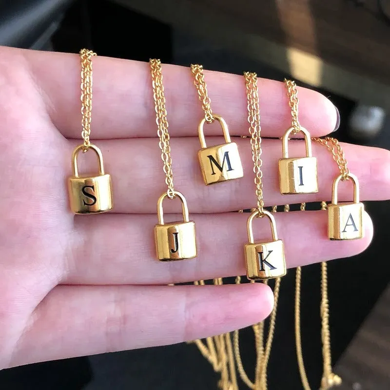 Personalized A-Z Initial Letter with Padlock Pendant Necklaces