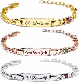 Personalized Baby Name Bracelets-18K Gold Plated Custom Baby Id Birthstone Bracelets for Girls & Boy, Adjustable Baby Jewelry Engraved Gifts for Newborn Birthday Baptism Gift