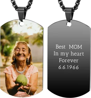 Personalized Dog Tag Pendant Necklace with Engraving Text/Colored/Black & White Picture Personalized Stainless Steel Dog Tag Necklace for Men Women with Adjustable Chain, Keychain, Silencer
