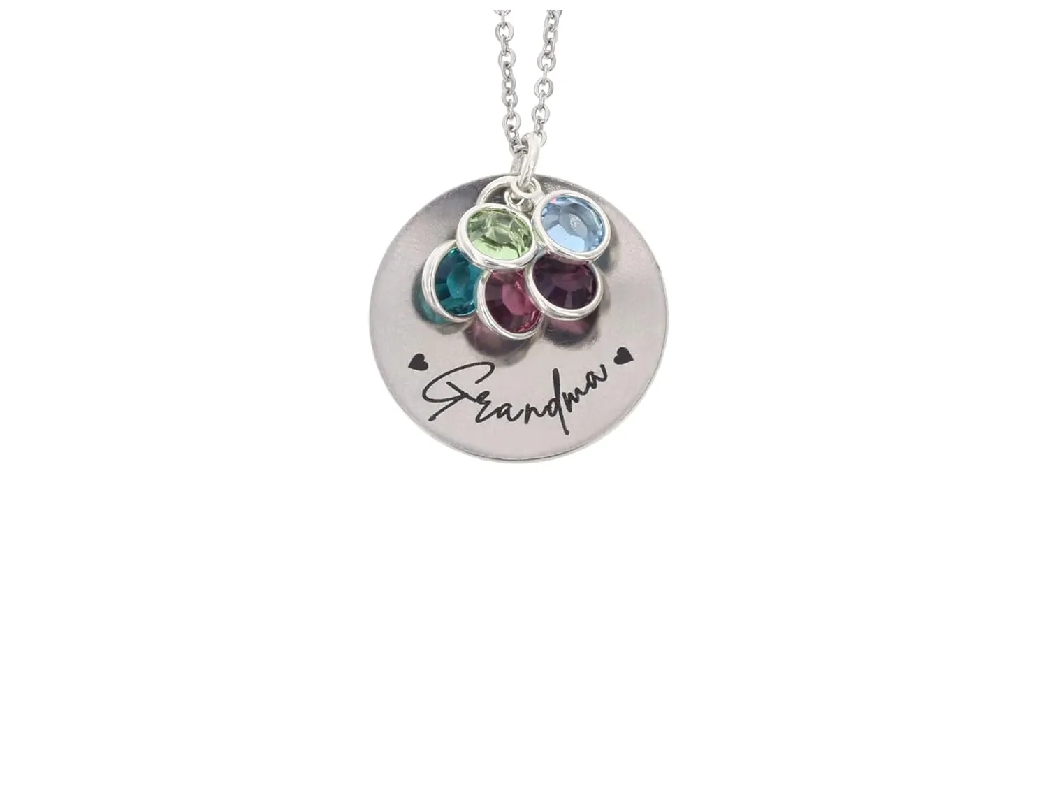 Personalized Grandma Necklace - Stainless Silver Rose Gold Laser Engraved Jewelry - 1 Inch 25MM Disc - Choose Birthstone Colors - Custom Nameplate - DGR-25MM