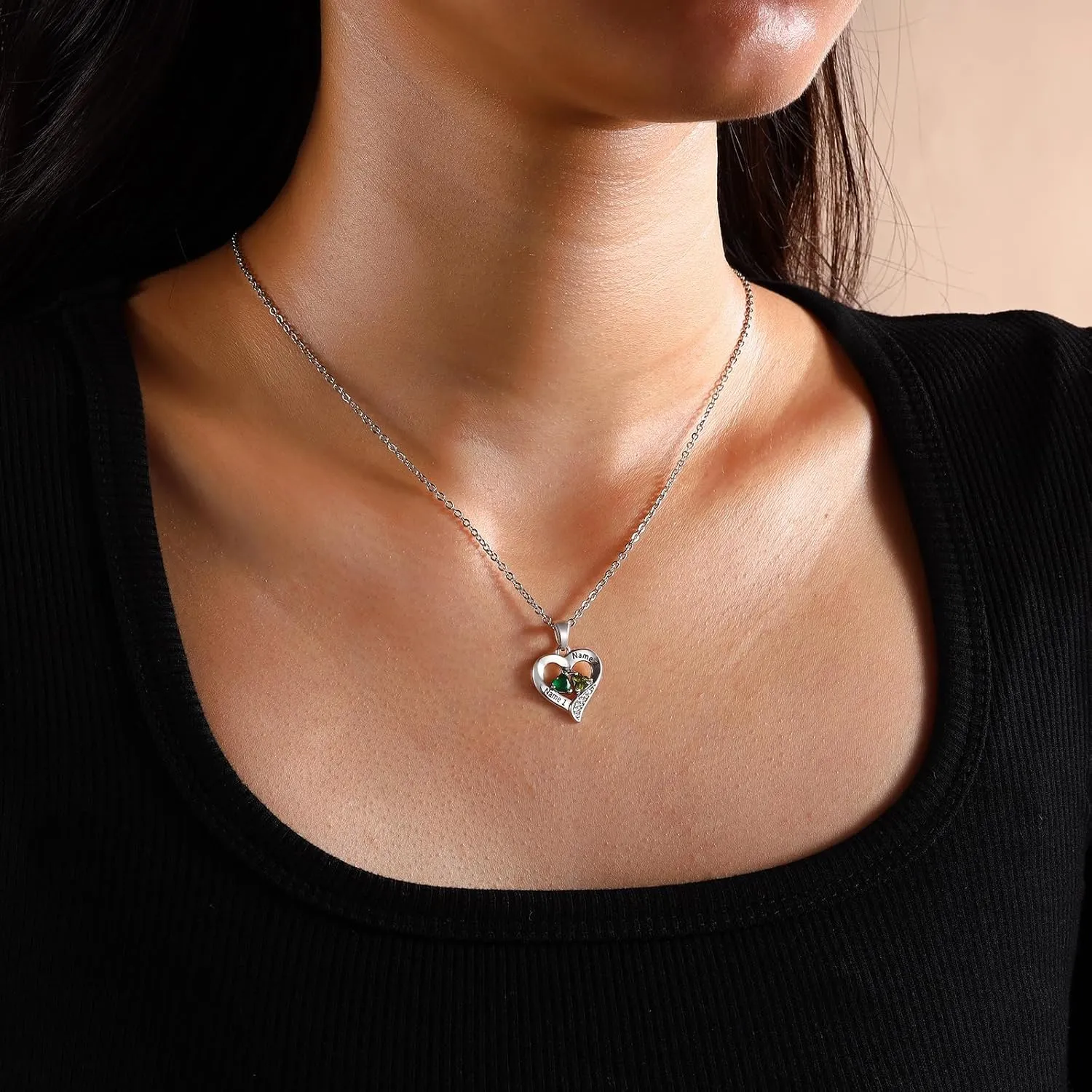 Personalized Heart Birthstone Necklace for Women - 925 Sterling Silver - 2 Birthstones - Customized Name Women's Jewelry Gift