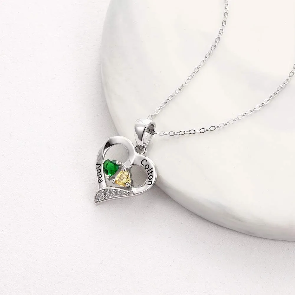 Personalized Heart Birthstone Necklace for Women - 925 Sterling Silver - 2 Birthstones - Customized Name Women's Jewelry Gift