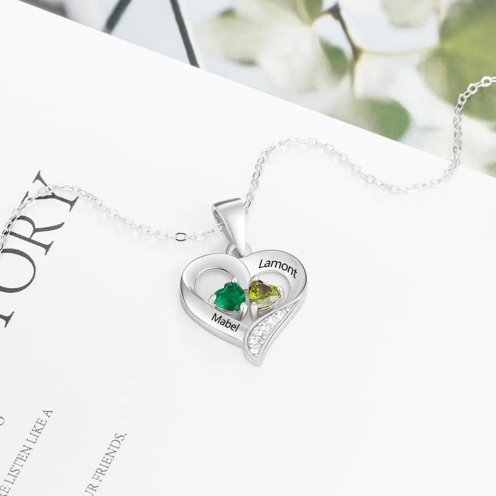 Personalized Heart Birthstone Necklace for Women - 925 Sterling Silver - 2 Birthstones - Customized Name Women's Jewelry Gift