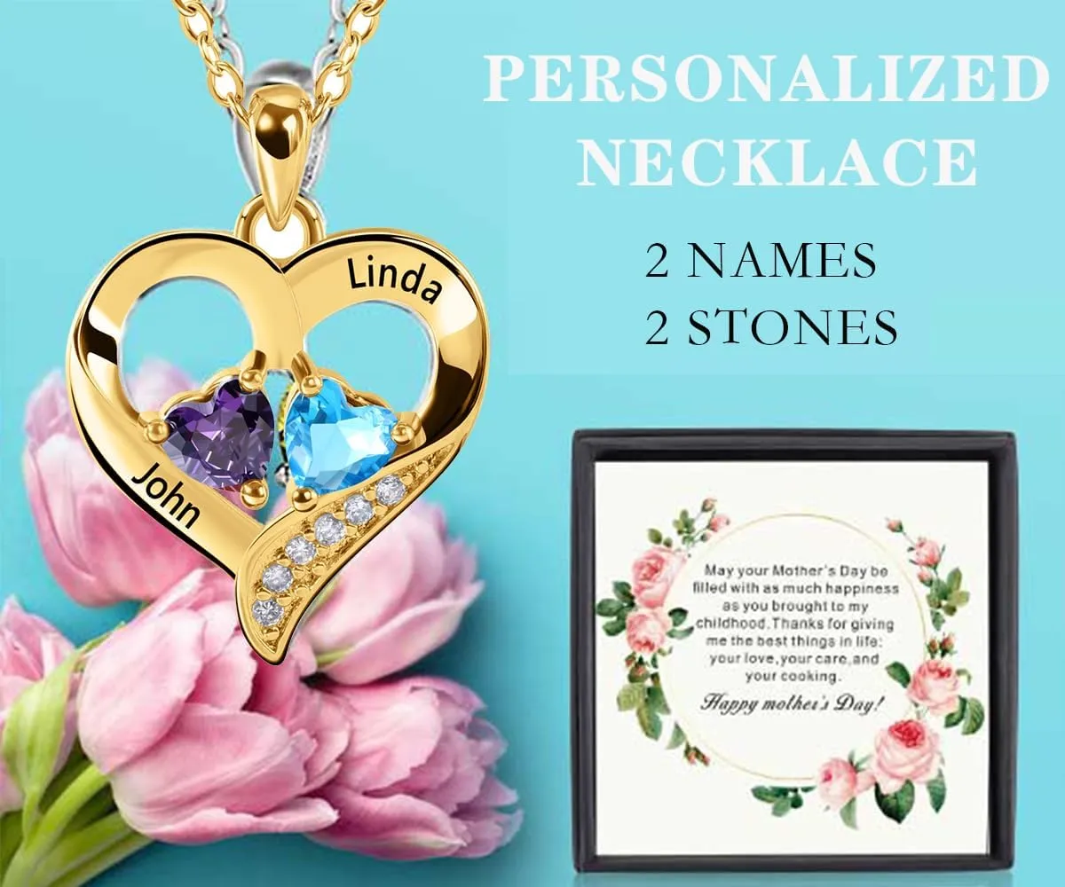 Personalized Heart Birthstone Necklace for Women - 925 Sterling Silver - 2 Birthstones - Customized Name Women's Jewelry Gift