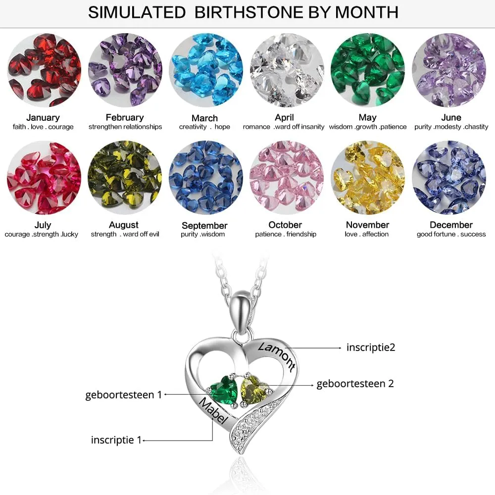 Personalized Heart Birthstone Necklace for Women - 925 Sterling Silver - 2 Birthstones - Customized Name Women's Jewelry Gift