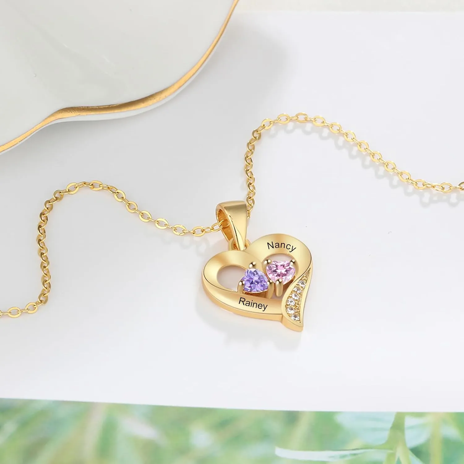 Personalized Heart Birthstone Necklace for Women - 925 Sterling Silver - 2 Birthstones - Customized Name Women's Jewelry Gift