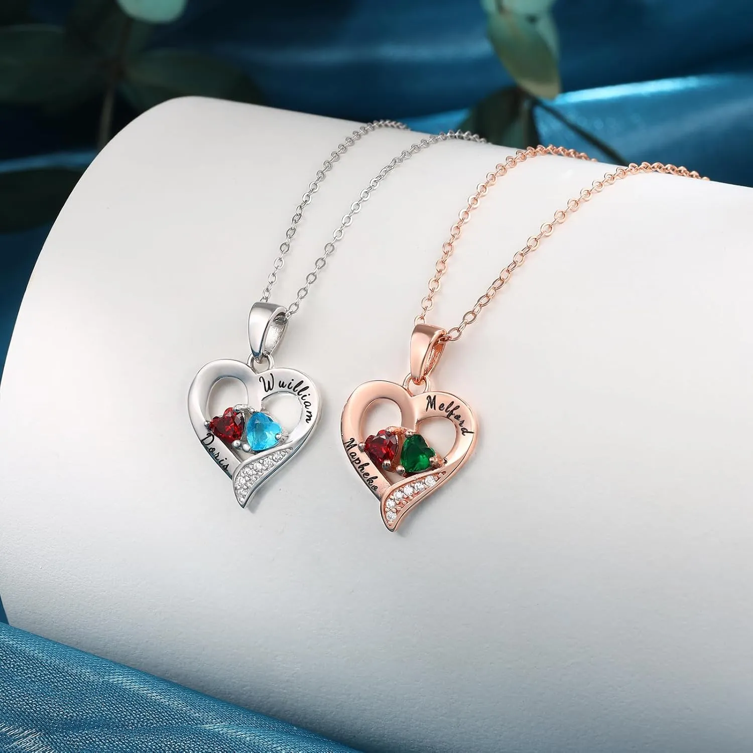 Personalized Heart Birthstone Necklace for Women - 925 Sterling Silver - 2 Birthstones - Customized Name Women's Jewelry Gift