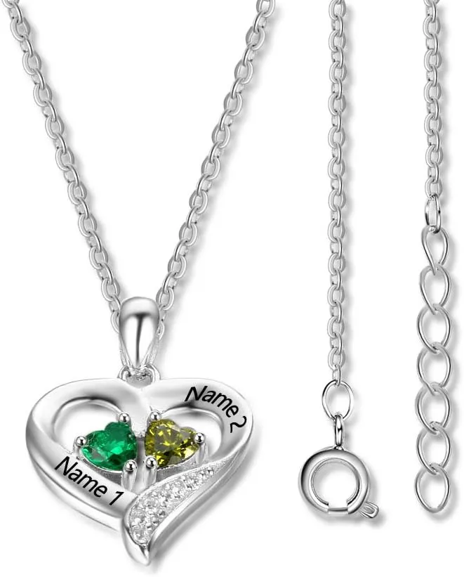 Personalized Heart Birthstone Necklace for Women - 925 Sterling Silver - 2 Birthstones - Customized Name Women's Jewelry Gift