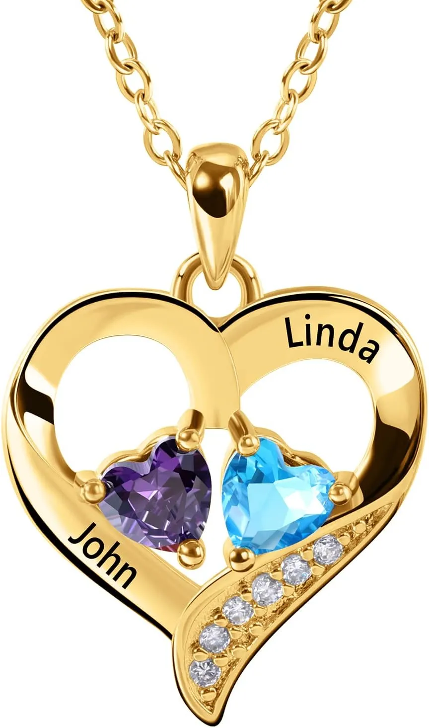 Personalized Heart Birthstone Necklace for Women - 925 Sterling Silver - 2 Birthstones - Customized Name Women's Jewelry Gift