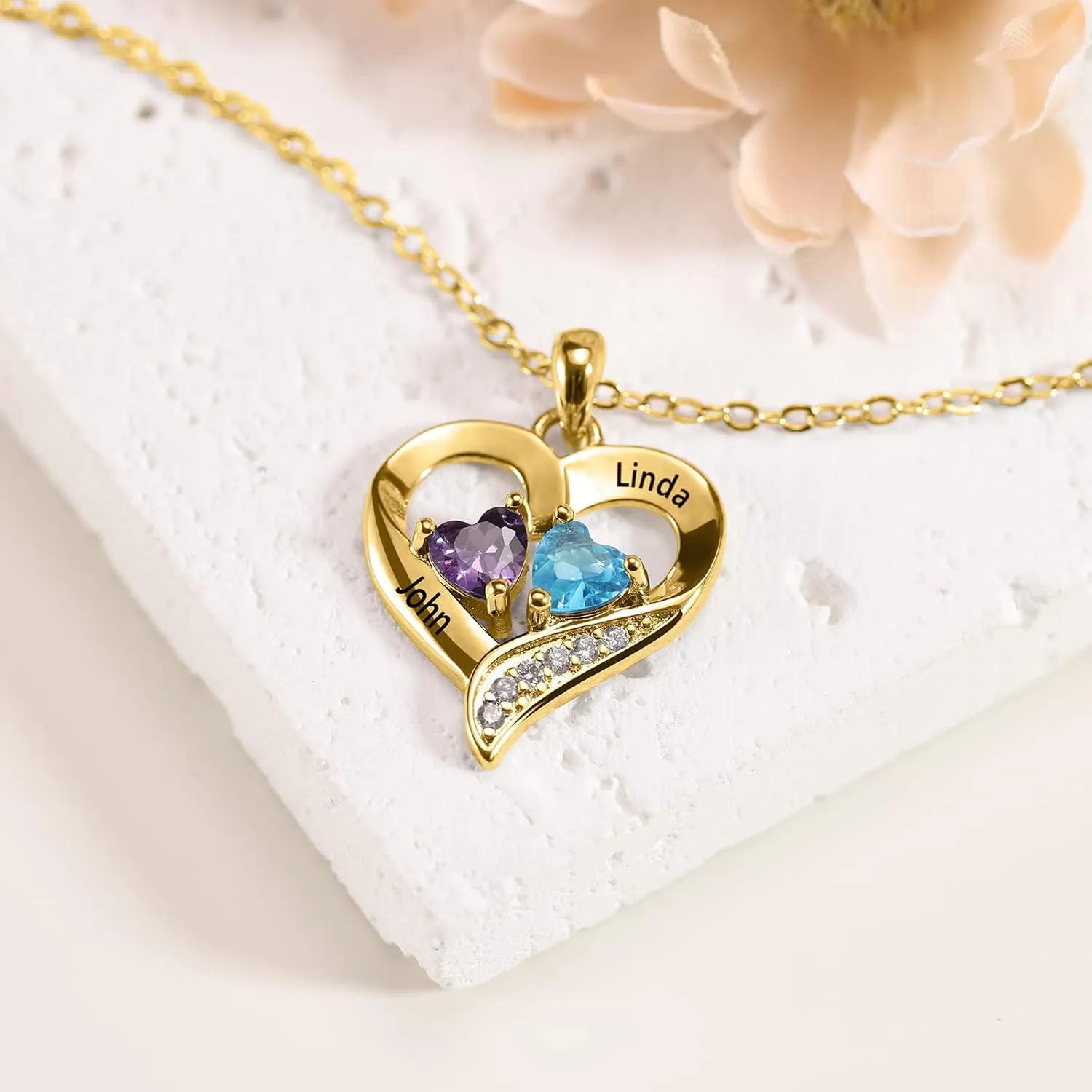 Personalized Heart Birthstone Necklace for Women - 925 Sterling Silver - 2 Birthstones - Customized Name Women's Jewelry Gift
