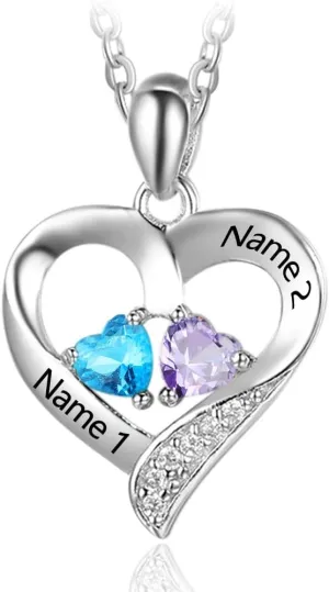 Personalized Heart Birthstone Necklace for Women - 925 Sterling Silver - 2 Birthstones - Customized Name Women's Jewelry Gift
