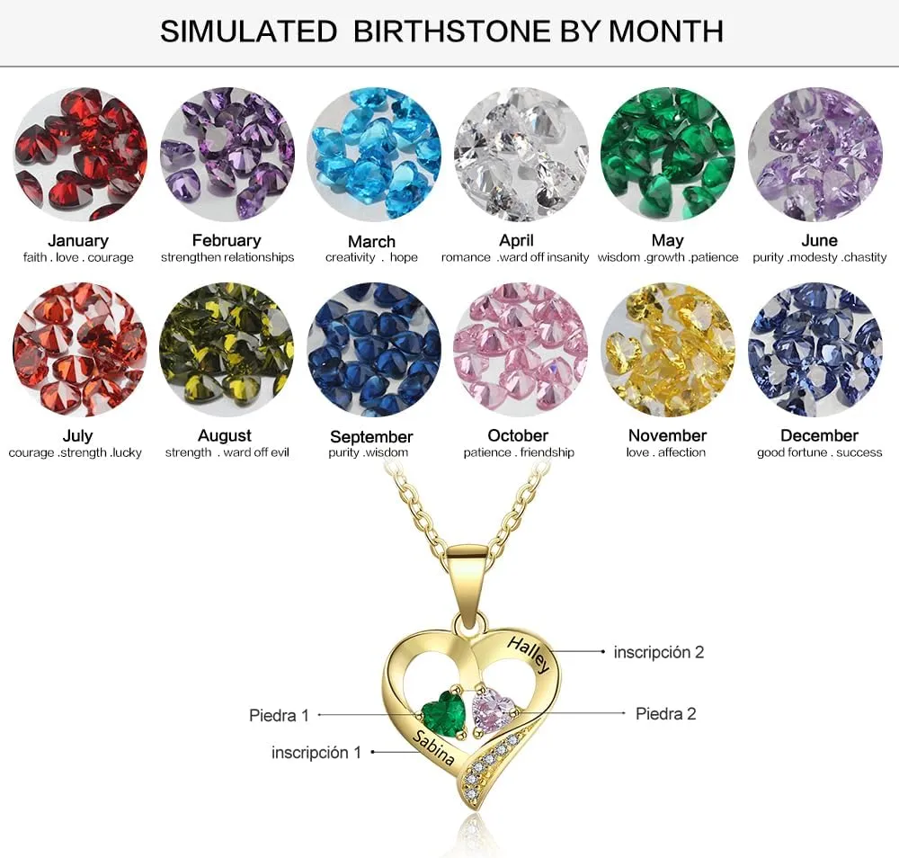 Personalized Heart Birthstone Necklace for Women - 925 Sterling Silver - 2 Birthstones - Customized Name Women's Jewelry Gift