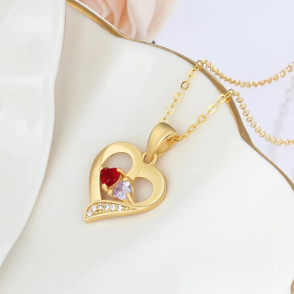 Personalized Heart Birthstone Necklace for Women - 925 Sterling Silver - 2 Birthstones - Customized Name Women's Jewelry Gift