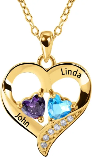 Personalized Heart Birthstone Necklace for Women - 925 Sterling Silver - 2 Birthstones - Customized Name Women's Jewelry Gift
