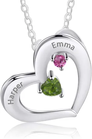 Personalized heart pendant Mothers necklace with 2 birthstones 925 sterling silver – 2 custom name engraving gift for mom grandma sister girlfriend promise necklace