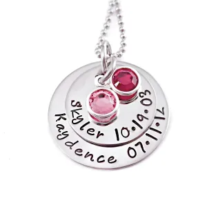 Personalized Layered Name Birthdate Necklace With Birthstone Crystals For Mom - Custom Engraved Stainless Steel Mother's Day Gift Neckace - 1124