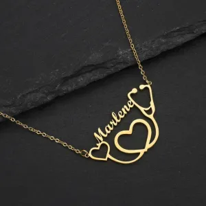 Personalized Name Necklace with a stethoscope and a heart For Women Men Gold Silver Chain Lovers