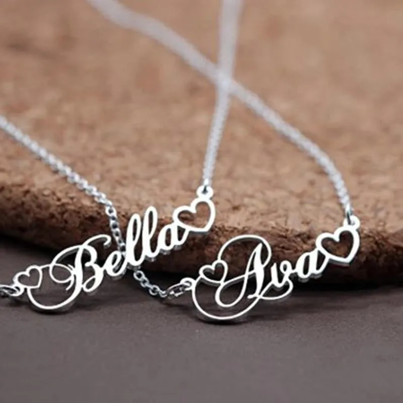 Personalized Name Pendant With Tiny Heart Cursive Nameplate Necklace