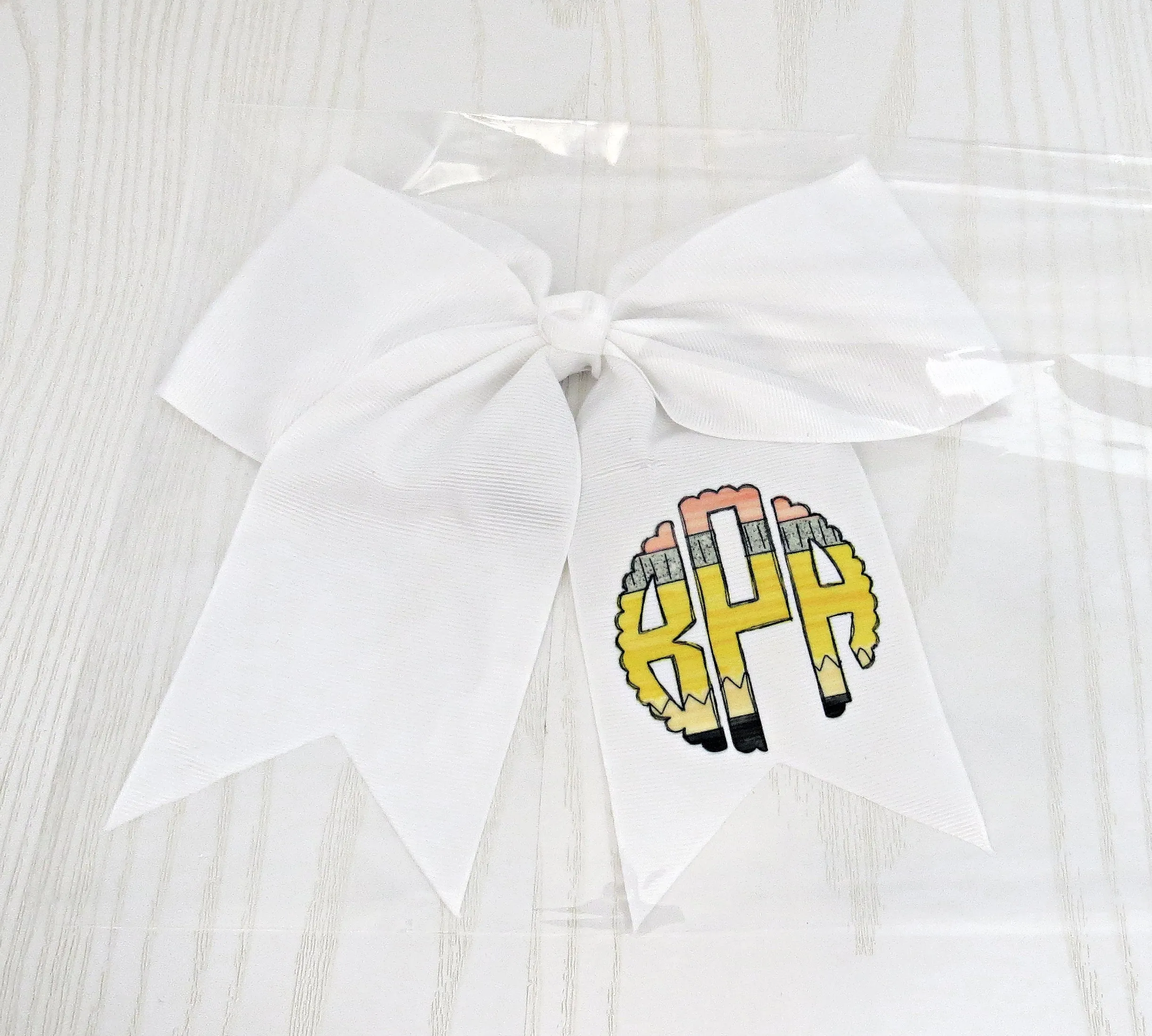 Personalized Pencil Monogram Hair Bow for Girls - Monogram Hair Tie - Accessory Back to School - Custom White Pink Preppy Bow - Cheer 8" Bow - Ribbon - Uniform