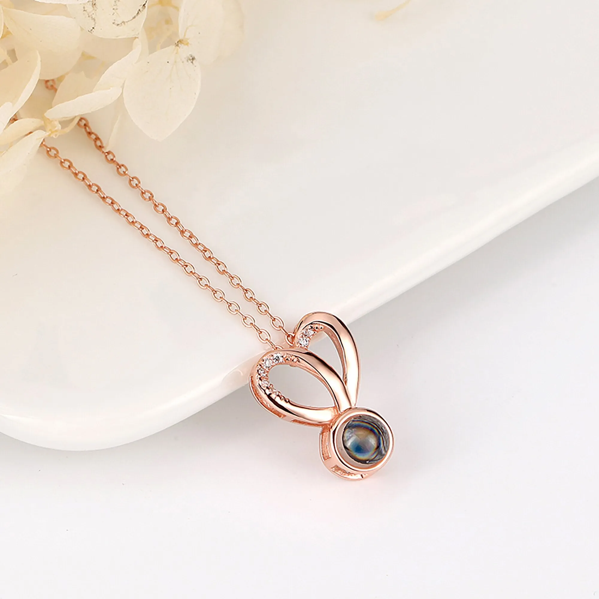 Personalized Photo Projection Necklace Sweet Crystal Rabbit Ears Pendant Necklaces