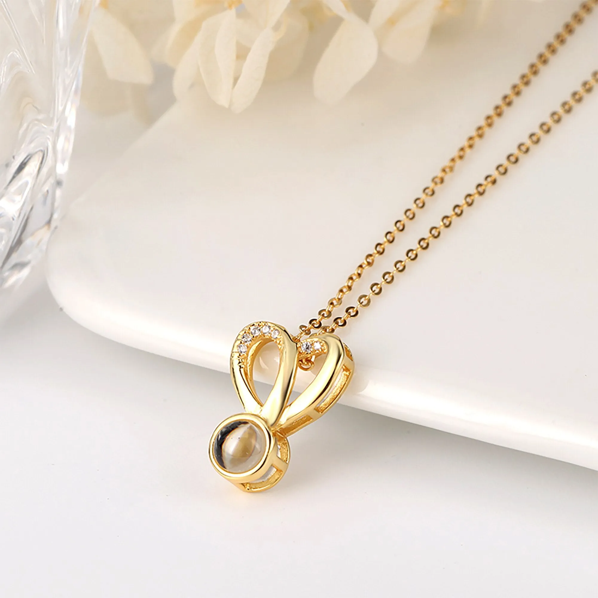 Personalized Photo Projection Necklace Sweet Crystal Rabbit Ears Pendant Necklaces