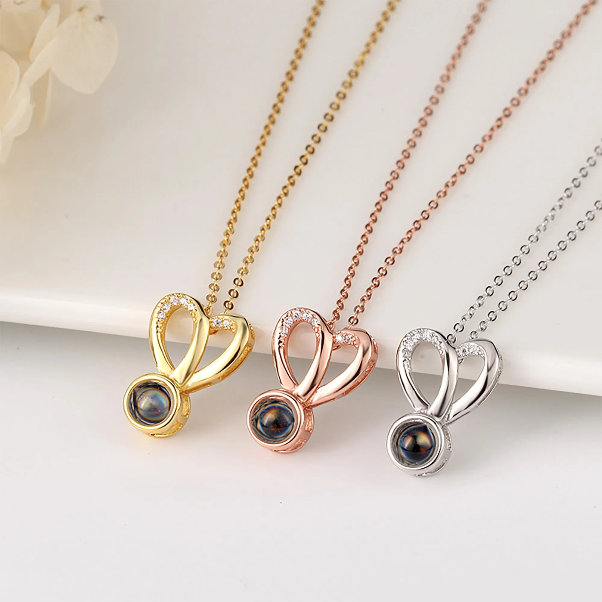 Personalized Photo Projection Necklace Sweet Crystal Rabbit Ears Pendant Necklaces