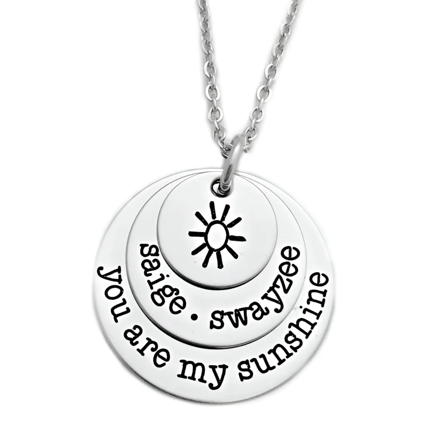 Personalized You Are My Sunshine Layered Disc Name Necklace - Mother's Day Jewelry Gift for Mom or Grandma - Engraved Silver Stainless Steel - 1151