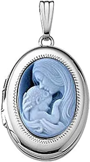 PicturesOnGold.com 14k White Gold Oval Mother and Child Cameo Locket 5/8 Inch X 3/4 Inch Solid 14K White Gold