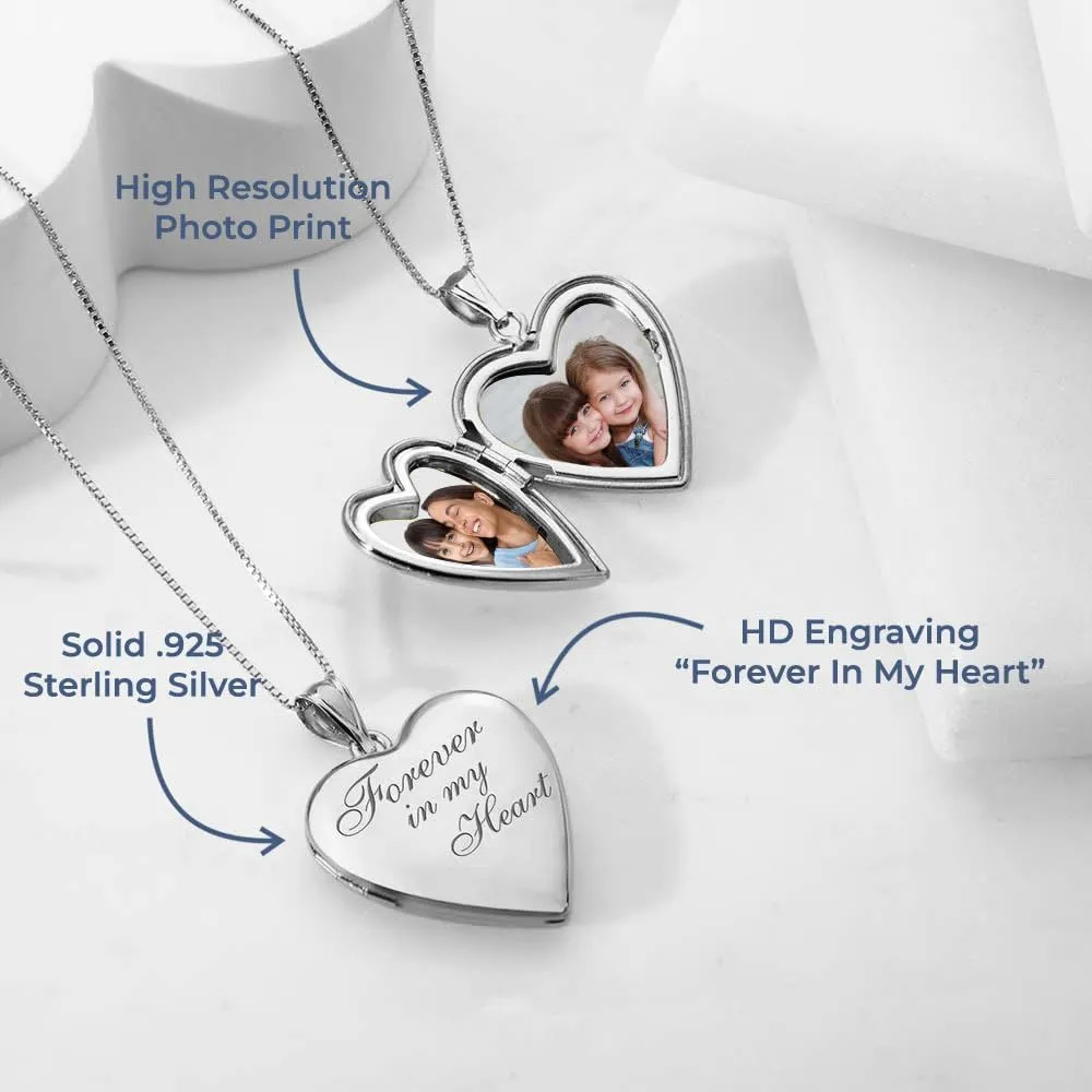 PicturesOnGold.com Forever In My Heart Locket Necklace for Women That Hold Pictures in Sterling Silver or Yellow Gold.