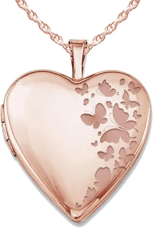 PicturesOnGold.com Personalized Heart Shaped Butterflies Photo Locket Necklace - 3/4 inch x 3/4 inch - Includes 18 inch Chain - Custom Engraved Picture Locket Necklace for Women