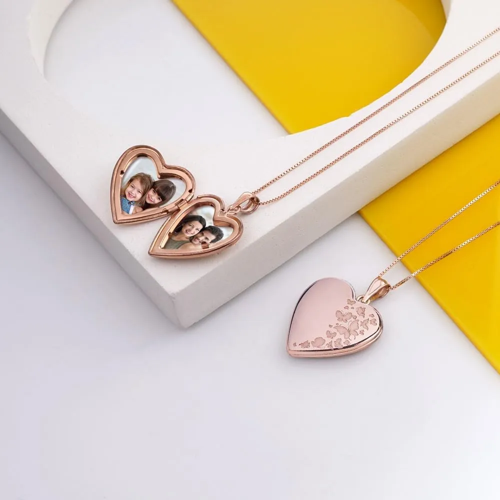 PicturesOnGold.com Personalized Heart Shaped Butterflies Photo Locket Necklace - 3/4 inch x 3/4 inch - Includes 18 inch Chain - Custom Engraved Picture Locket Necklace for Women