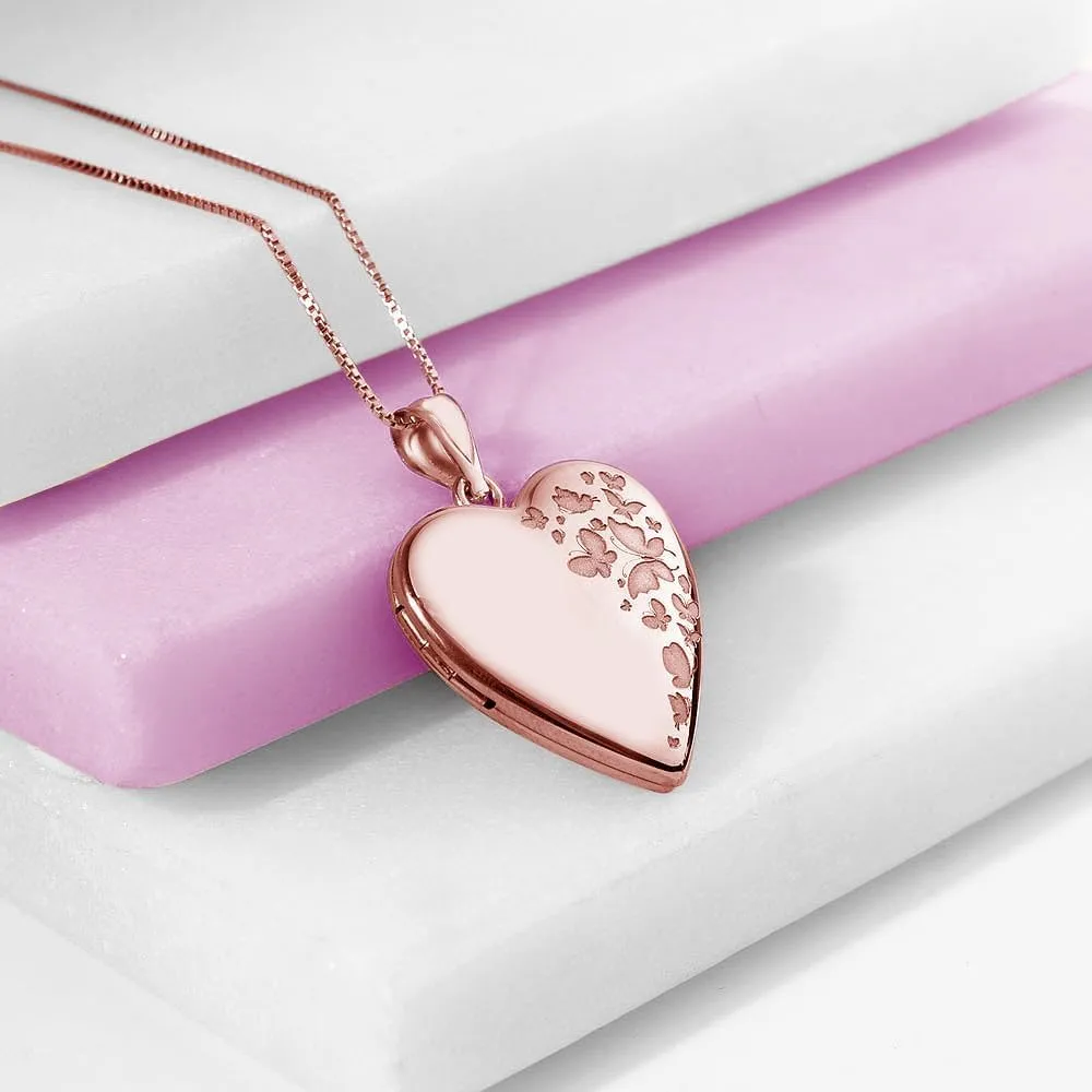 PicturesOnGold.com Personalized Heart Shaped Butterflies Photo Locket Necklace - 3/4 inch x 3/4 inch - Includes 18 inch Chain - Custom Engraved Picture Locket Necklace for Women