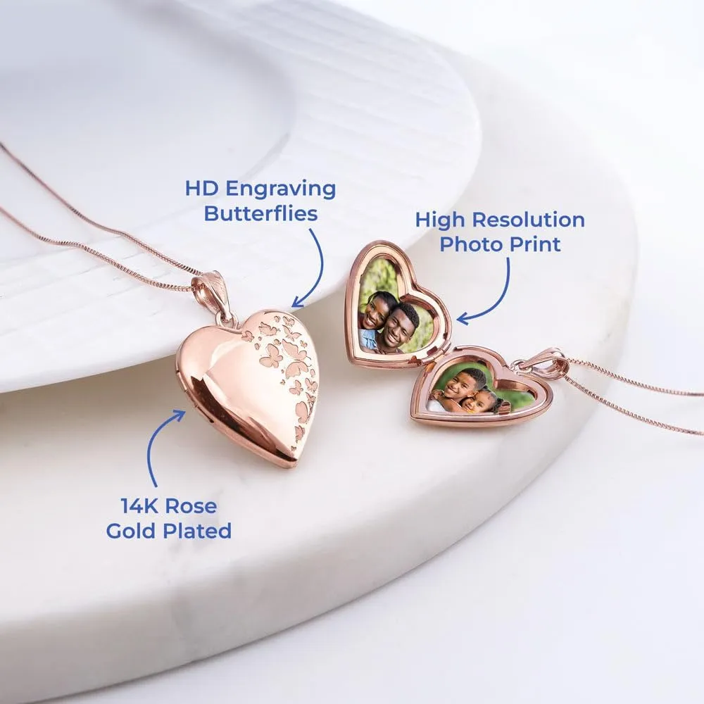 PicturesOnGold.com Personalized Heart Shaped Butterflies Photo Locket Necklace - 3/4 inch x 3/4 inch - Includes 18 inch Chain - Custom Engraved Picture Locket Necklace for Women