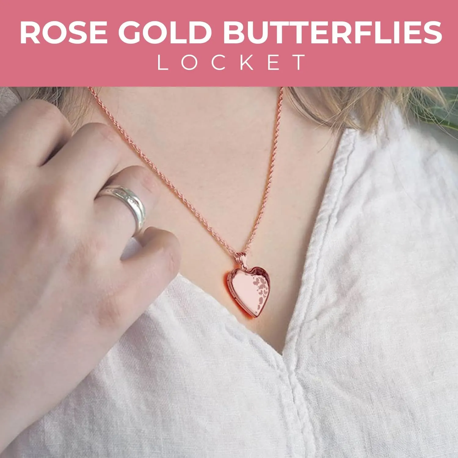 PicturesOnGold.com Personalized Heart Shaped Butterflies Photo Locket Necklace - 3/4 inch x 3/4 inch - Includes 18 inch Chain - Custom Engraved Picture Locket Necklace for Women