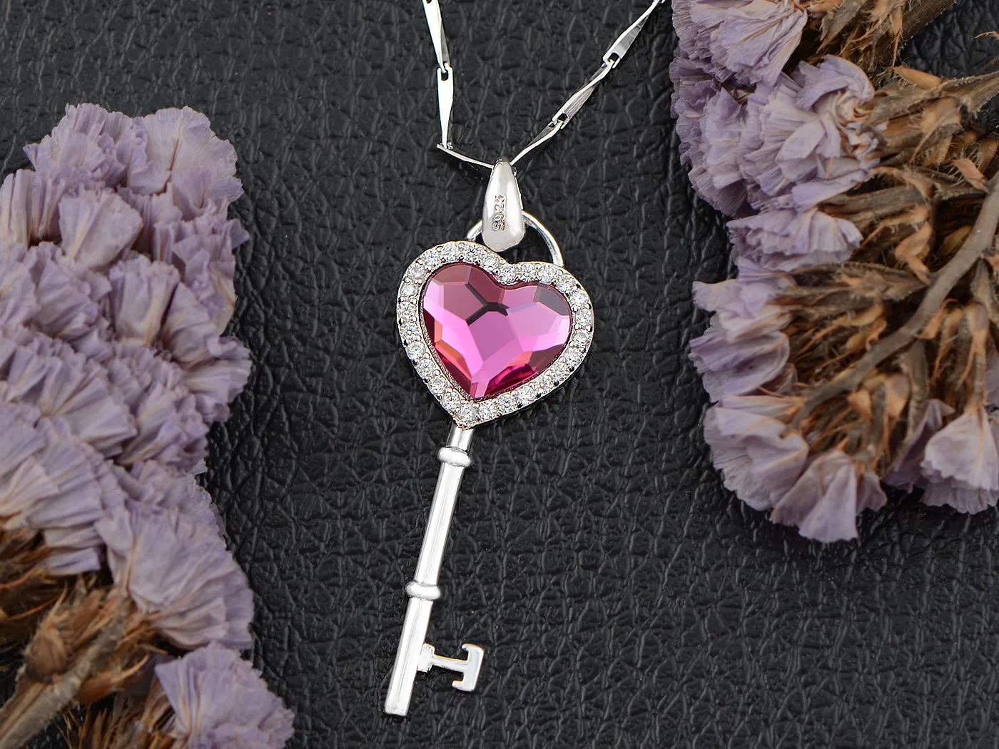Pink Elements Key To Heart Pendant 925 Silver Chain Necklace Gift