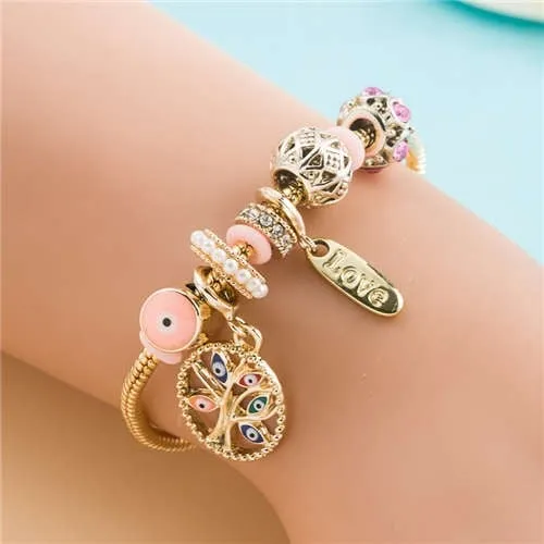 Pink Eye & Bead Charm Bracelet