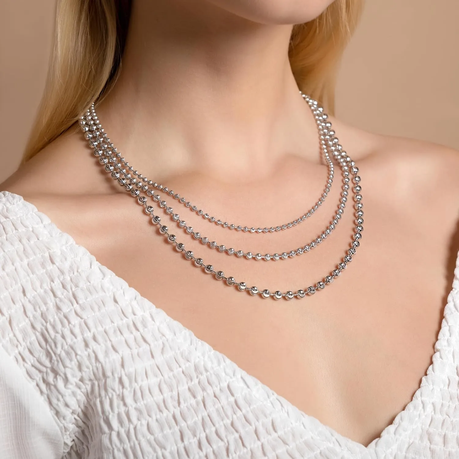 PORI JEWELERS 925 Sterling Silver 3mm, 4mm, 5mm Moon Cut Bead Chain Necklace - Made in Italy - Yellow, Silver
