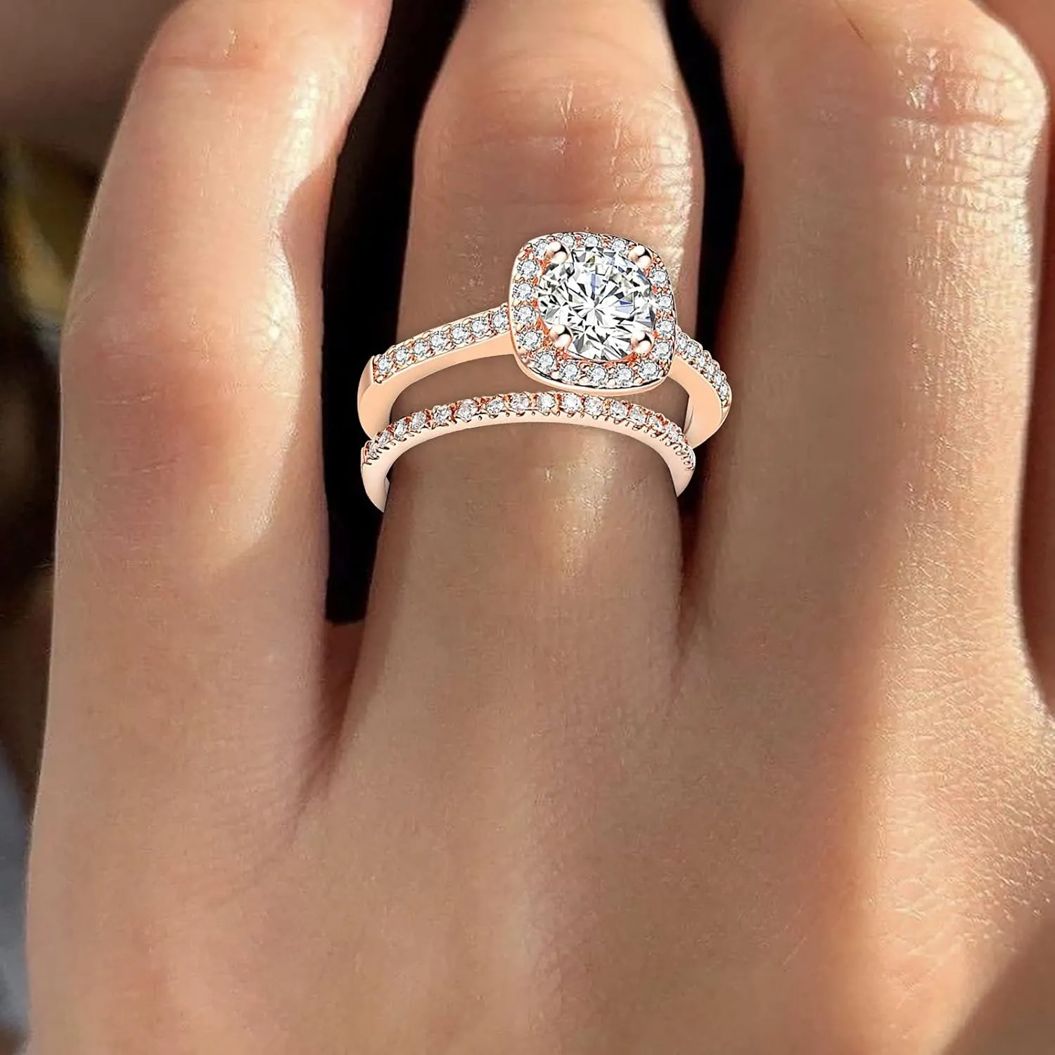 Princess Cushion Cut Simulated Diamond Ring 925 Silver Platinum Plated Bridal Promise Engagement Wedding Ring Set