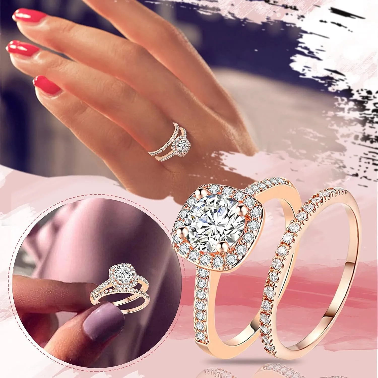 Princess Cushion Cut Simulated Diamond Ring 925 Silver Platinum Plated Bridal Promise Engagement Wedding Ring Set