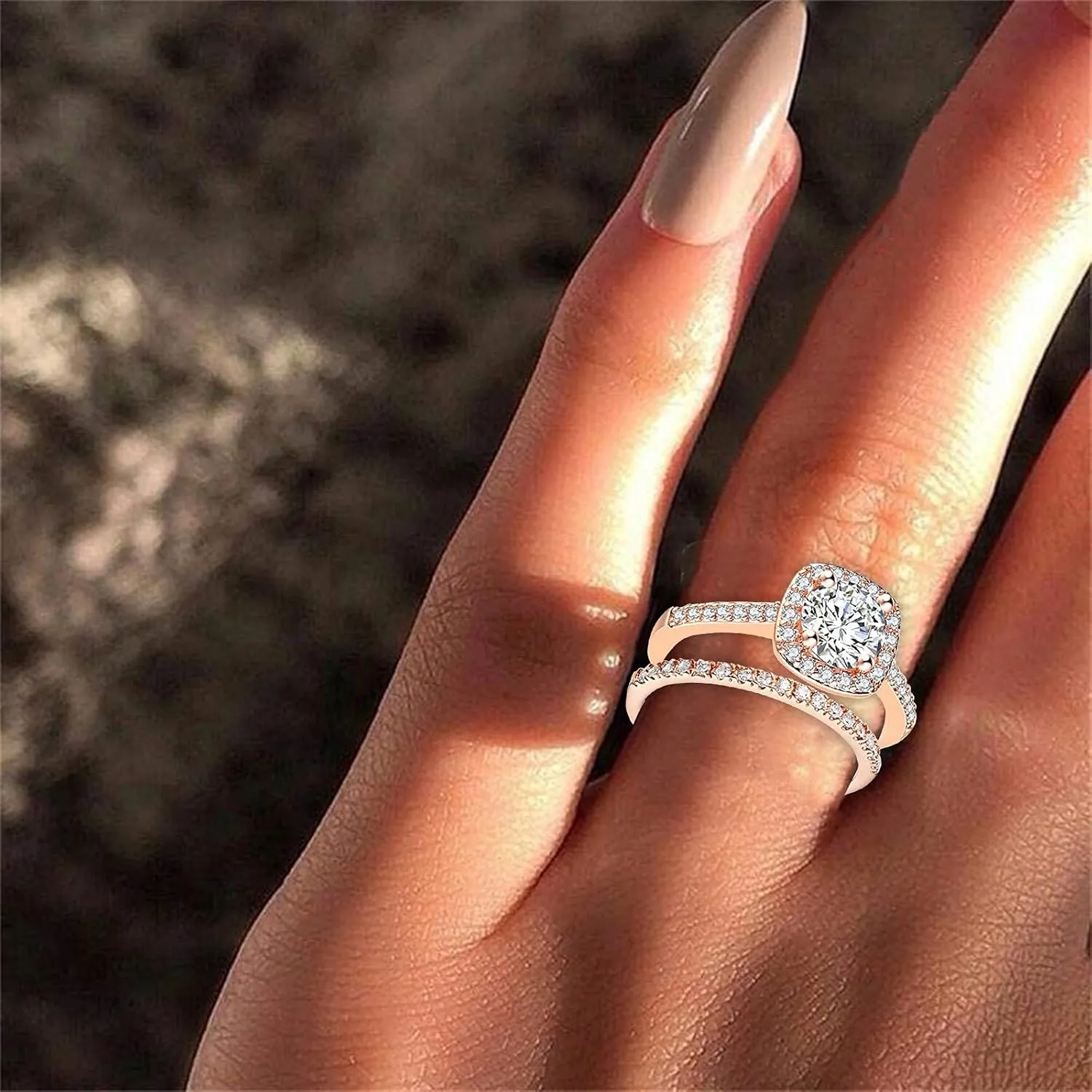 Princess Cushion Cut Simulated Diamond Ring 925 Silver Platinum Plated Bridal Promise Engagement Wedding Ring Set