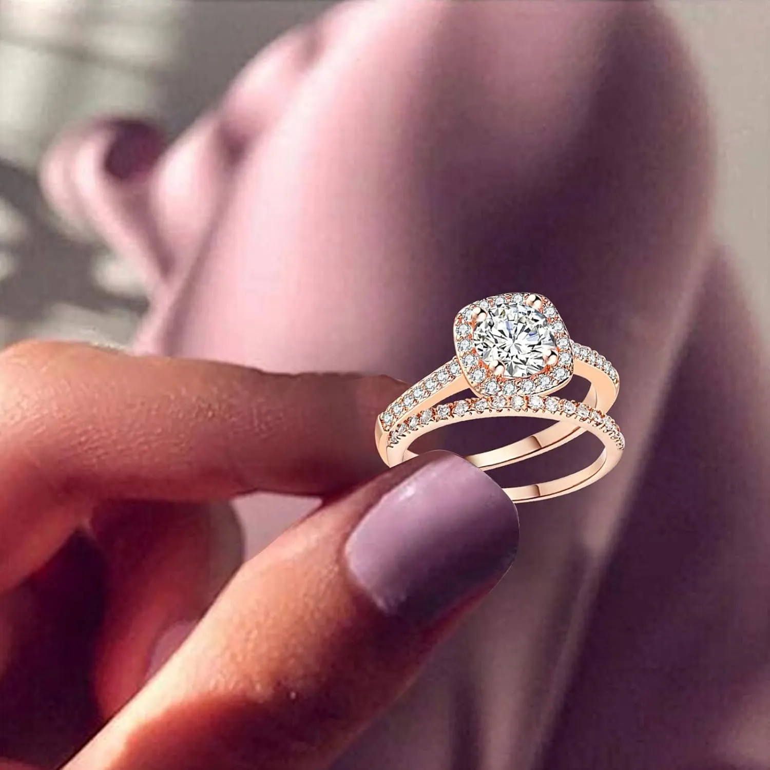 Princess Cushion Cut Simulated Diamond Ring 925 Silver Platinum Plated Bridal Promise Engagement Wedding Ring Set