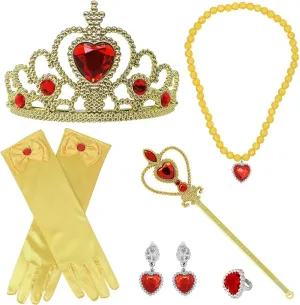 Princess Dress Up Costume Accessories Gift Set for Princess Cosplay Gloves Tiara Wand and Necklace(Blue) (belle-yellow)