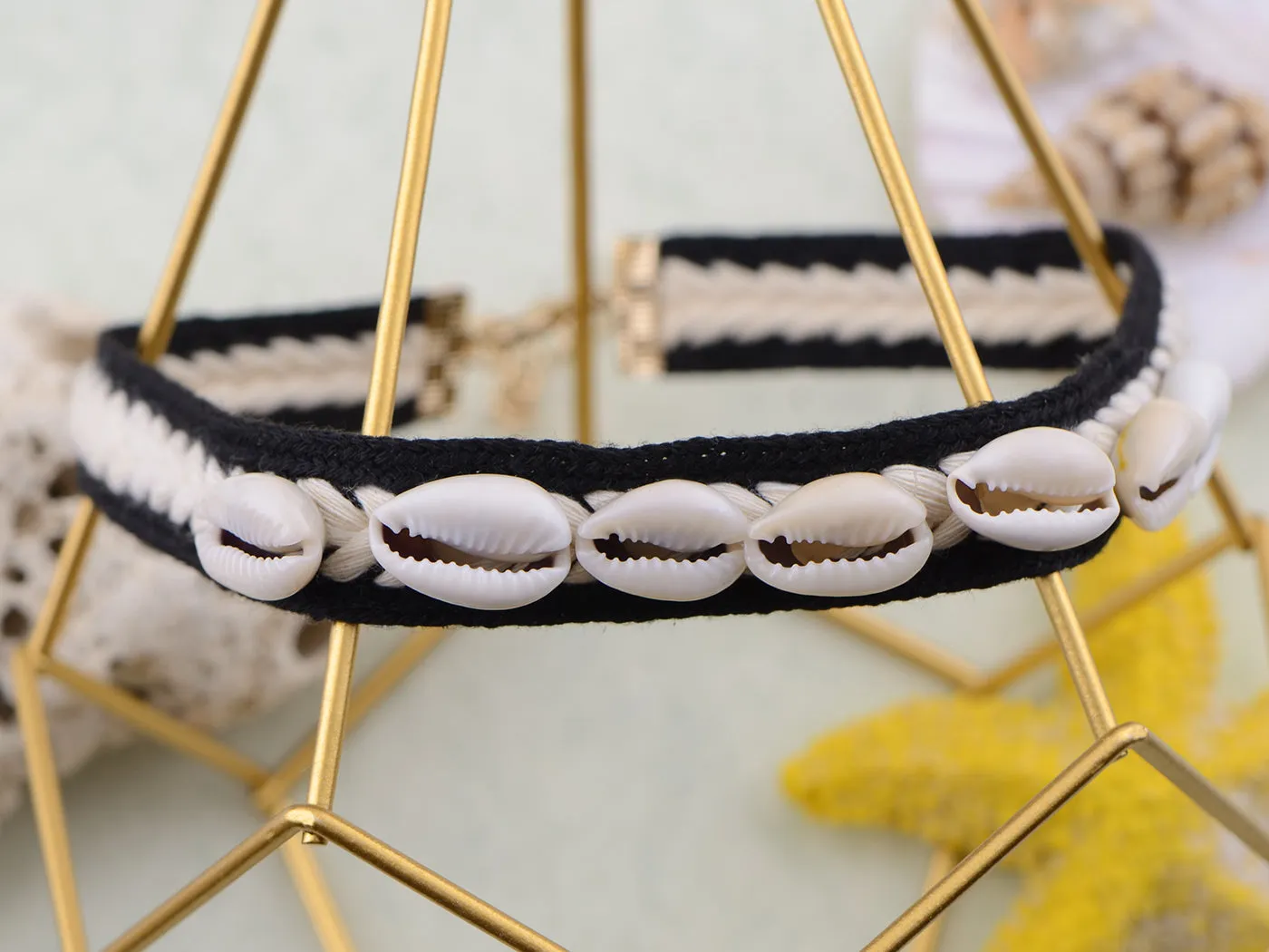Puka Sea Shell Cowrie Cream Black Yarn Ribbon Fabric Choker Collar Beach Boho Necklace
