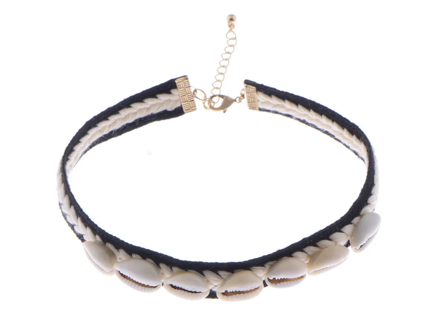 Puka Sea Shell Cowrie Cream Black Yarn Ribbon Fabric Choker Collar Beach Boho Necklace