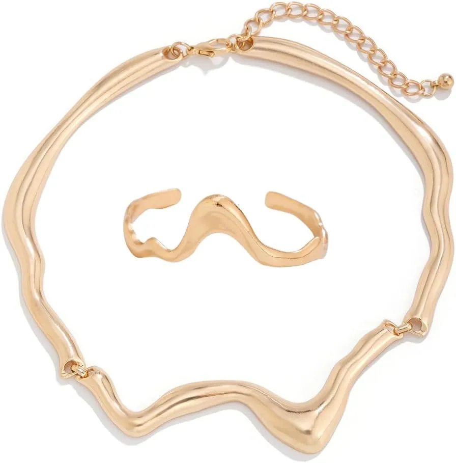 Punk Dripping Water-drop Necklace Bracelet for Women Men Unisex Thick Drippy Chain Liquid Metal Collar Rocker Hip-hop Choker Bangle Cool Metallic Unique Funky Statement Grunge Jewelry Set