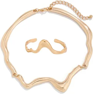Punk Dripping Water-drop Necklace Bracelet for Women Men Unisex Thick Drippy Chain Liquid Metal Collar Rocker Hip-hop Choker Bangle Cool Metallic Unique Funky Statement Grunge Jewelry Set